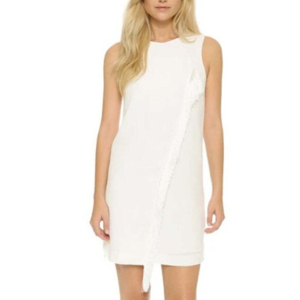 Rebecca Taylor Mini Shift Dress 2 Ivory Sleeveless Short Fringed Crepe Short